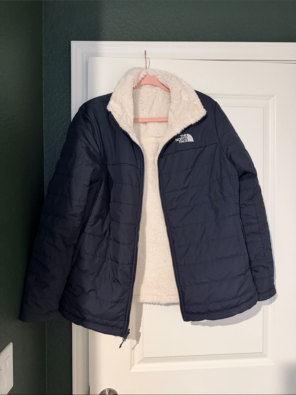 The North Face Reversible Navy Puffer Jacket with Cream Sherpa Lining